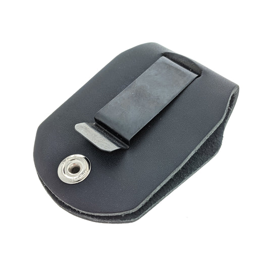 Back view of badge holder showing stainless steel belt clip.