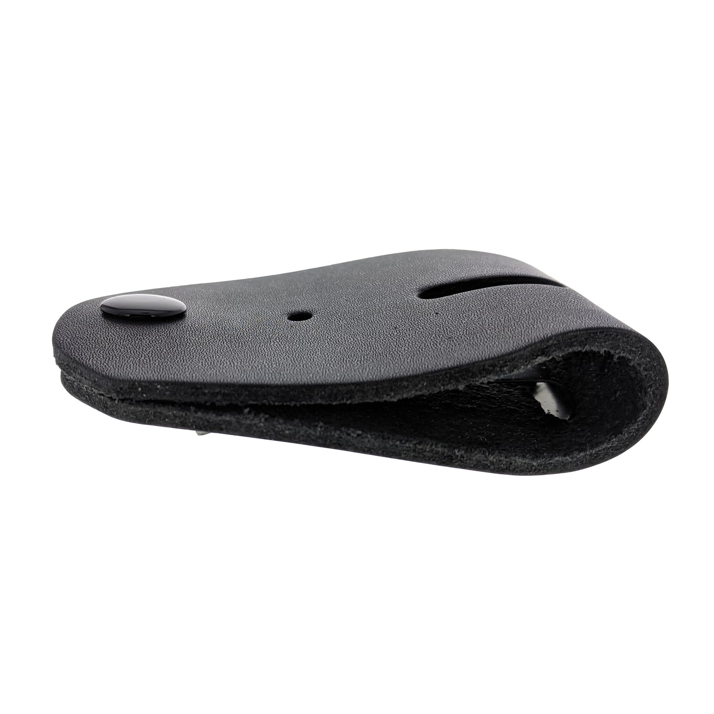 Side view of folded black leather badge belt clip holder.