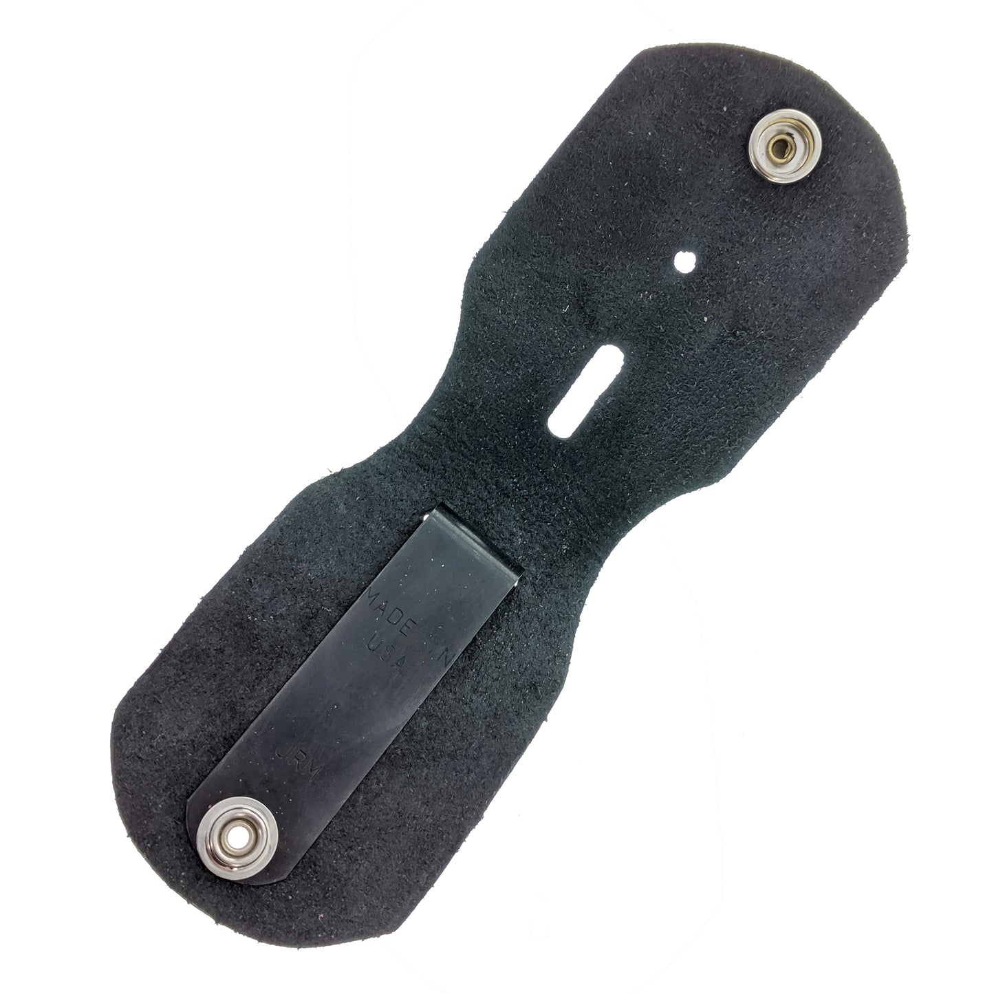 Interior view of black leather badge holder with stainless steel snap and clip attachment.
