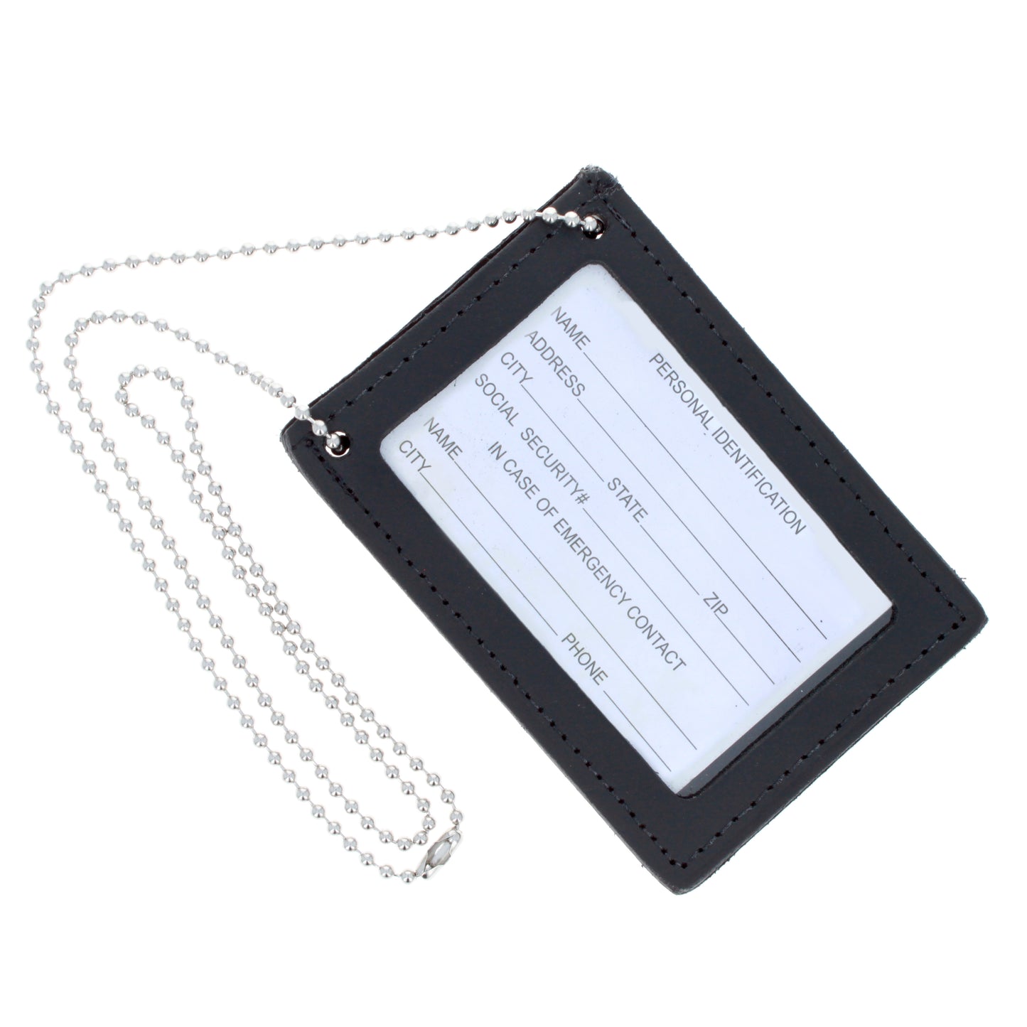 Black leather ID holder with clear window and neck chain attached.