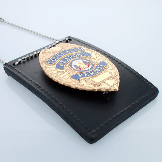 Black leather police badge and ID holder with badge displayed and attached neck chain.
