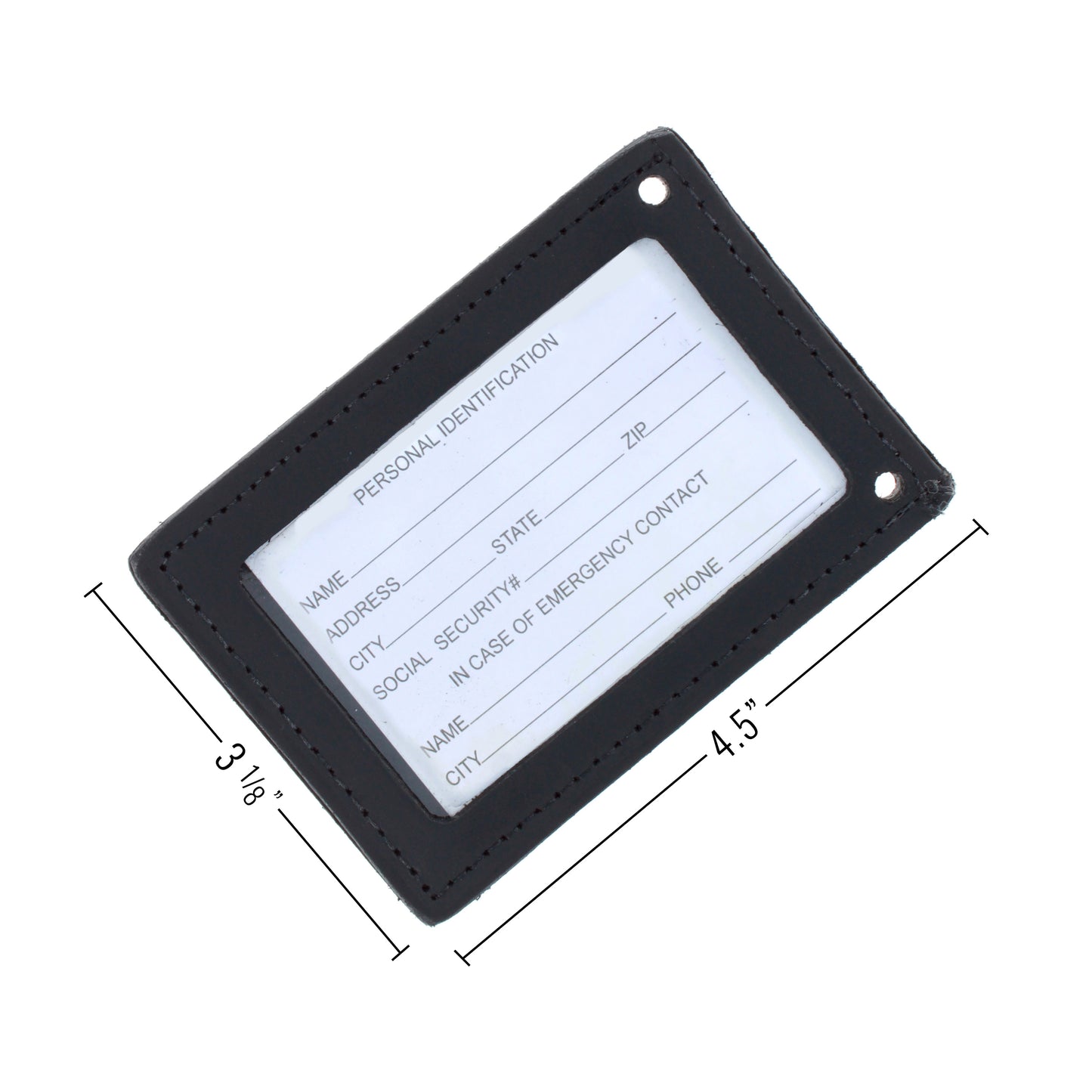 Black leather ID holder with clear window displaying identification card.