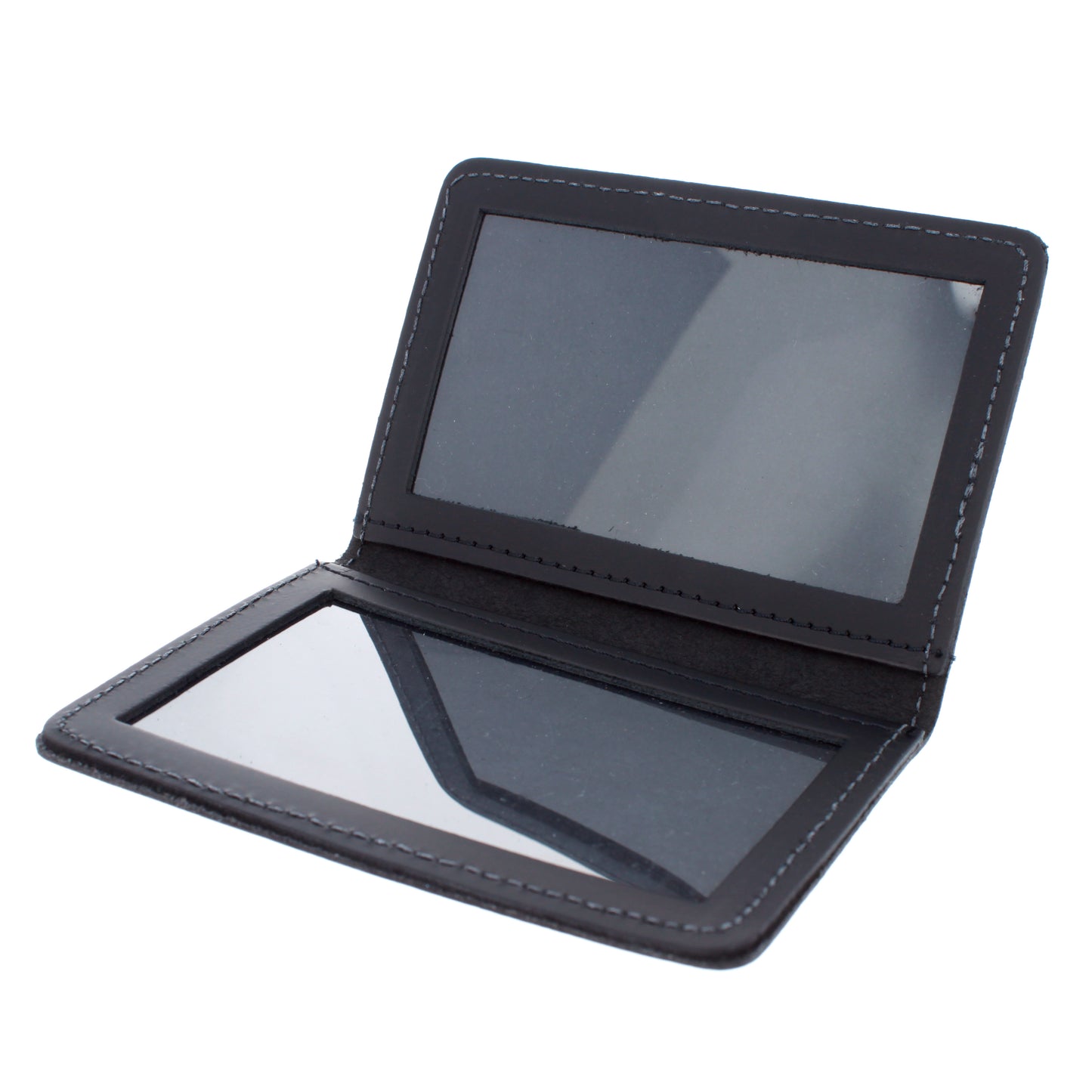 Open black leather bi-fold minimalist wallet with two clear ID card windows.