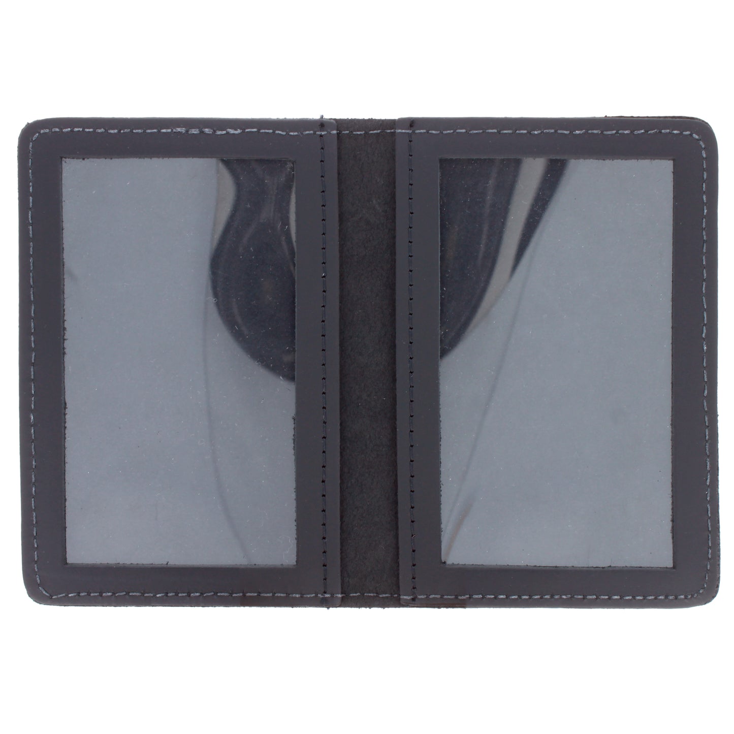 Interior view of black leather bi-fold wallet showing two clear ID windows.