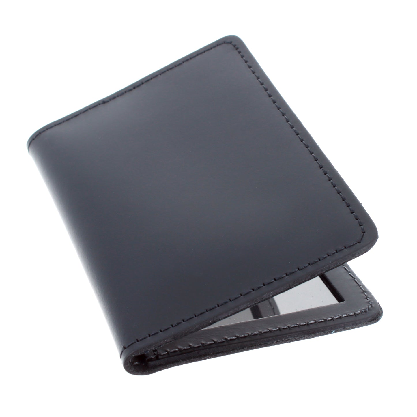 Partially closed black leather bi-fold minimalist wallet.