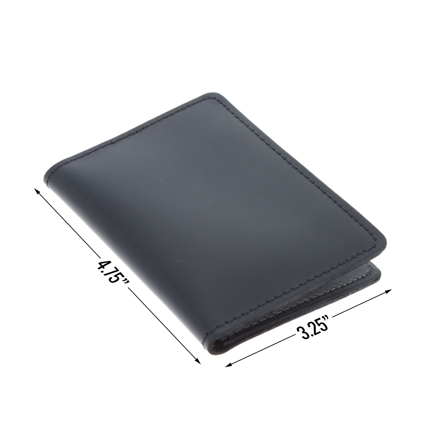 Closed black leather bi-fold wallet with measurements showing 4.75 by 3.25 inches.