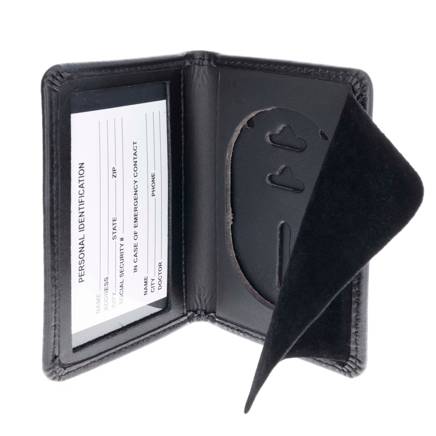 Bi-fold ASR Federal police badge holder wallet partially open displaying ID slot and badge cut-out