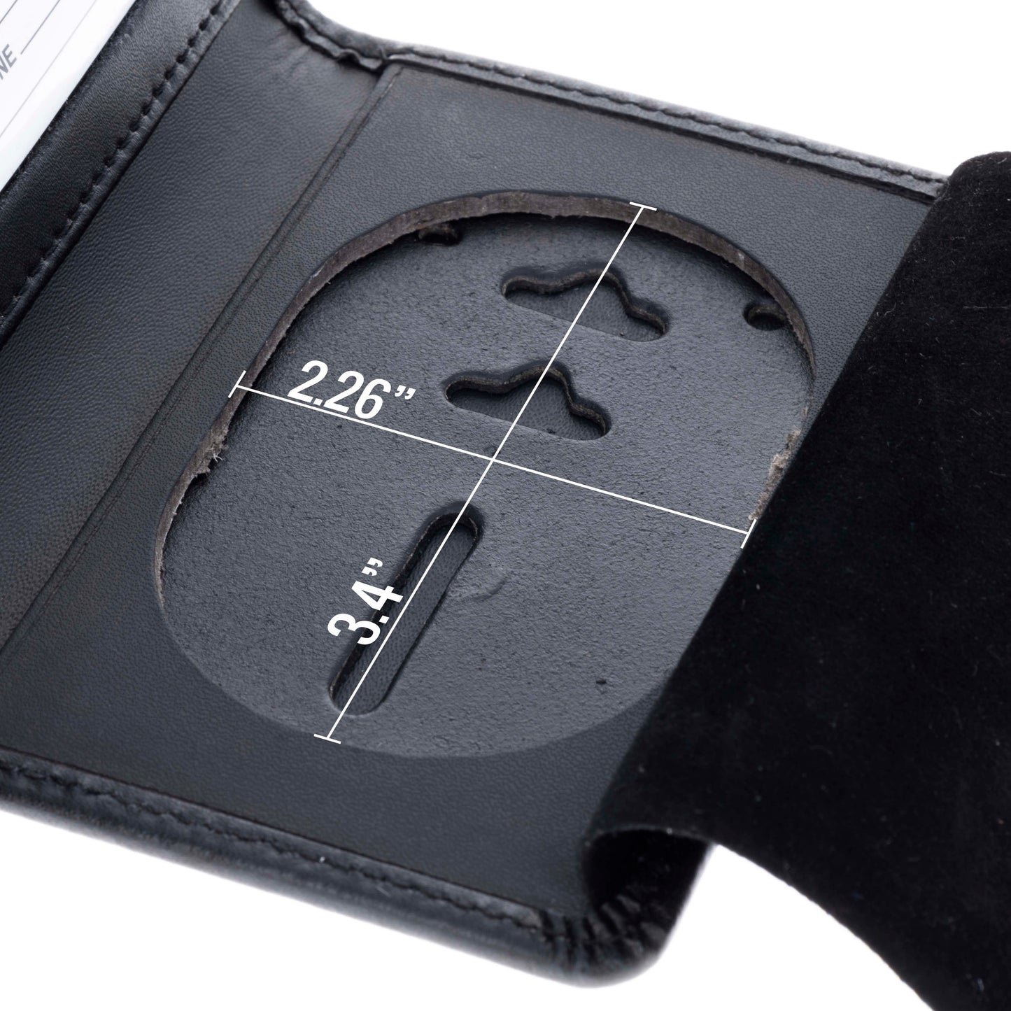 Close-up of recessed round badge cut-out inside ASR Federal police ID holder wallet