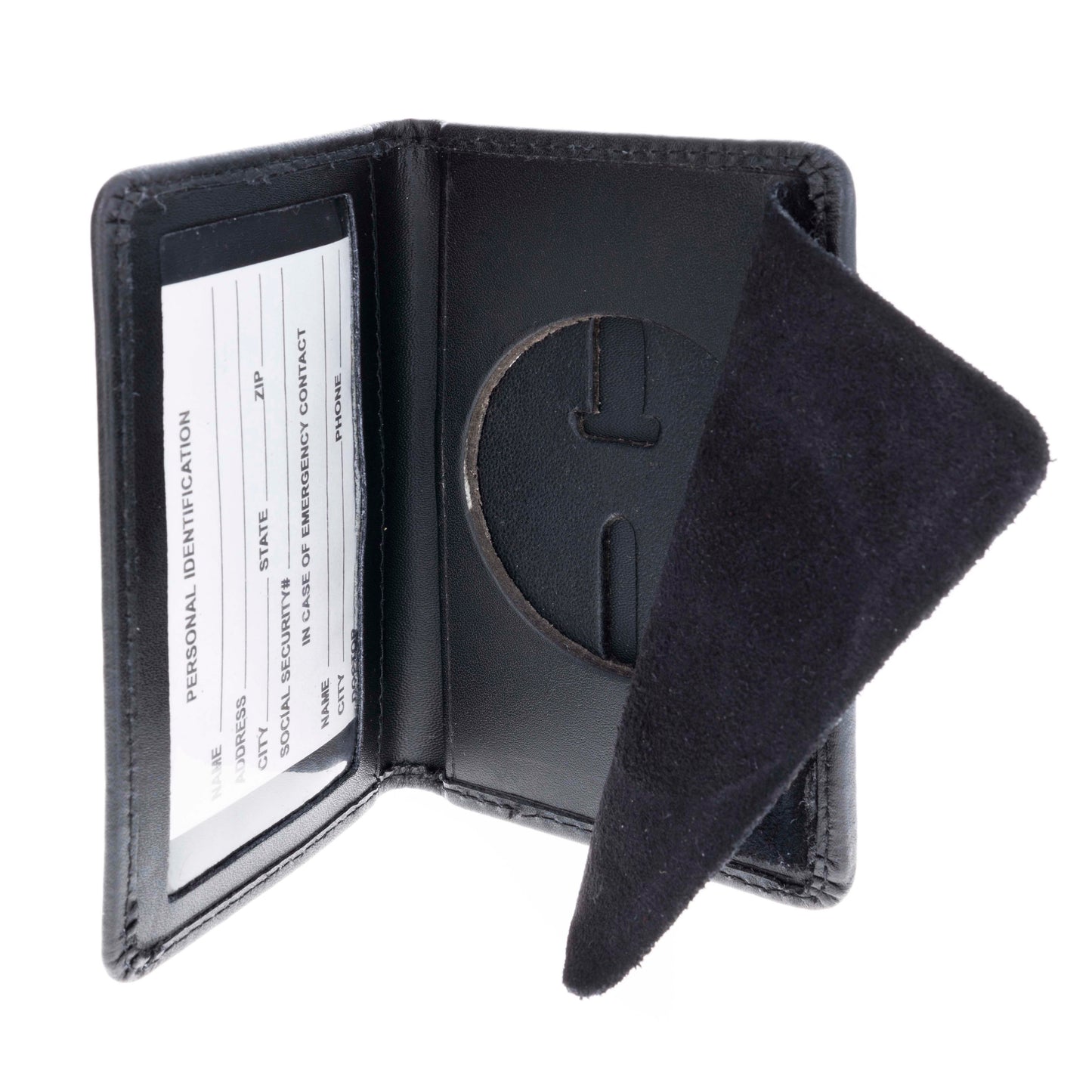 ASR Federal police ID badge holder wallet open to show clear ID window and suede badge cover flap