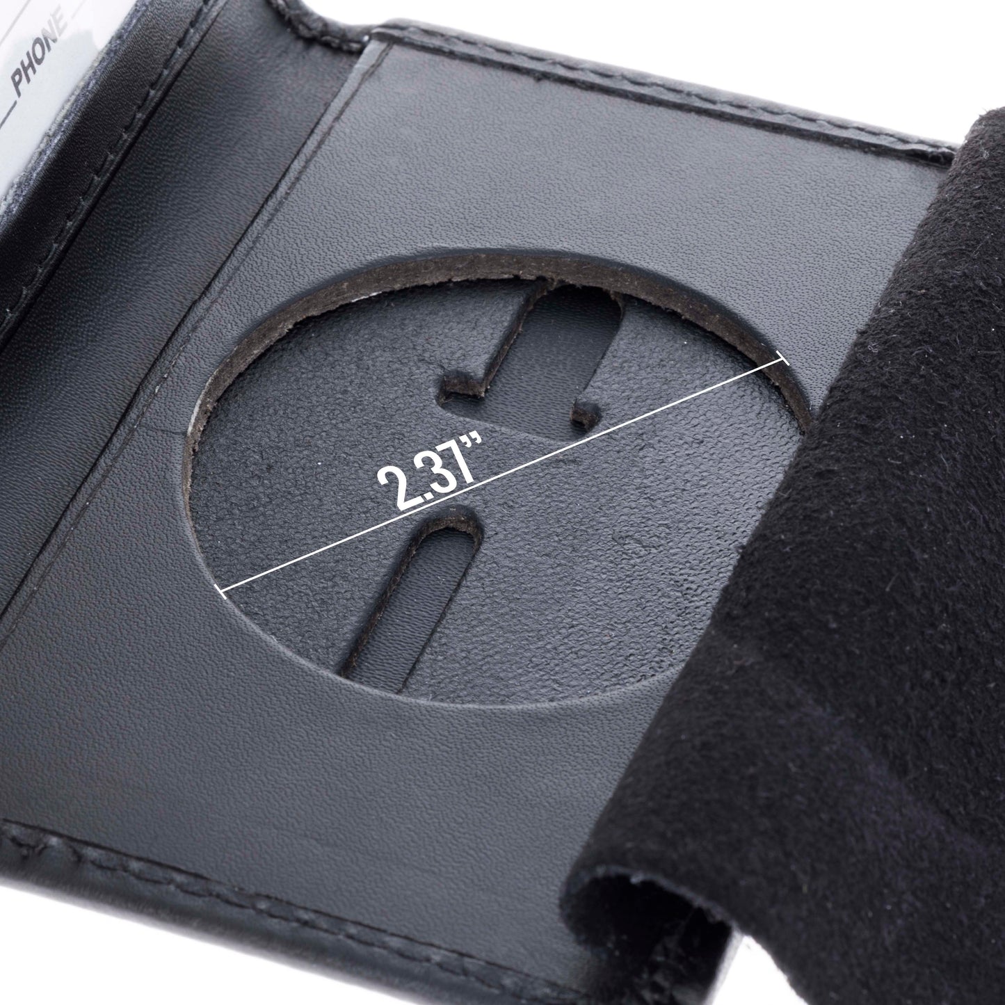 Detailed close-up of round badge cut-out with clip-back pin inside ASR Federal leather police ID holder
