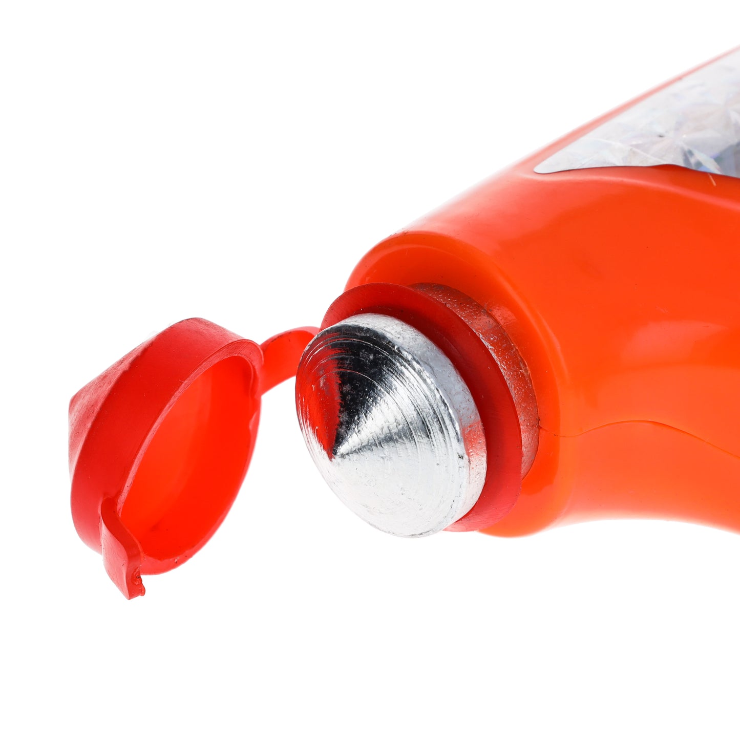 Close-up of steel window breaker tip with red protective cover.