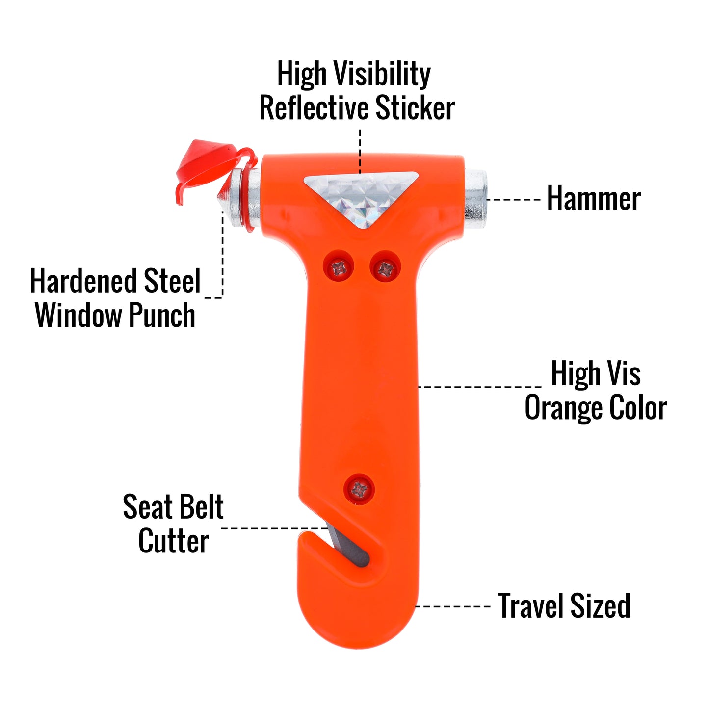 Labeled diagram of orange emergency escape car hammer showing key features.