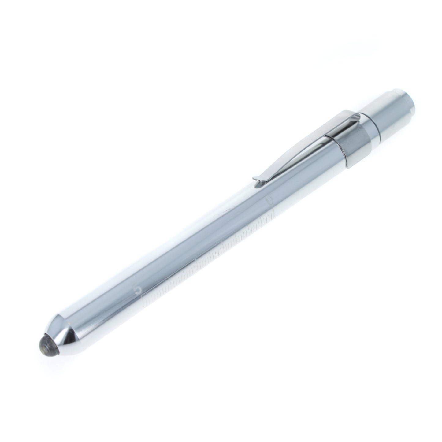Silver EMT diagnostic pen light with white LED and pocket clip.