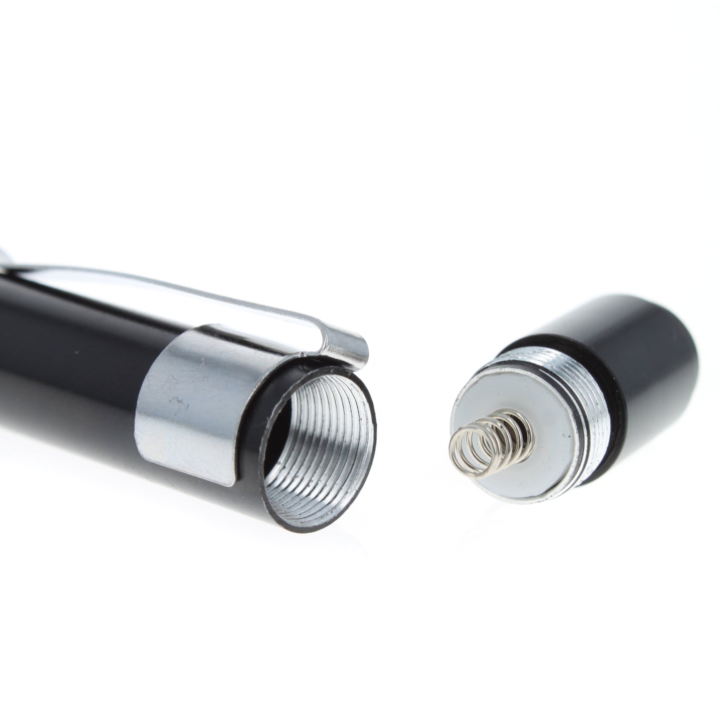 Close-up of detachable battery compartment cap for EMT diagnostic pen light.