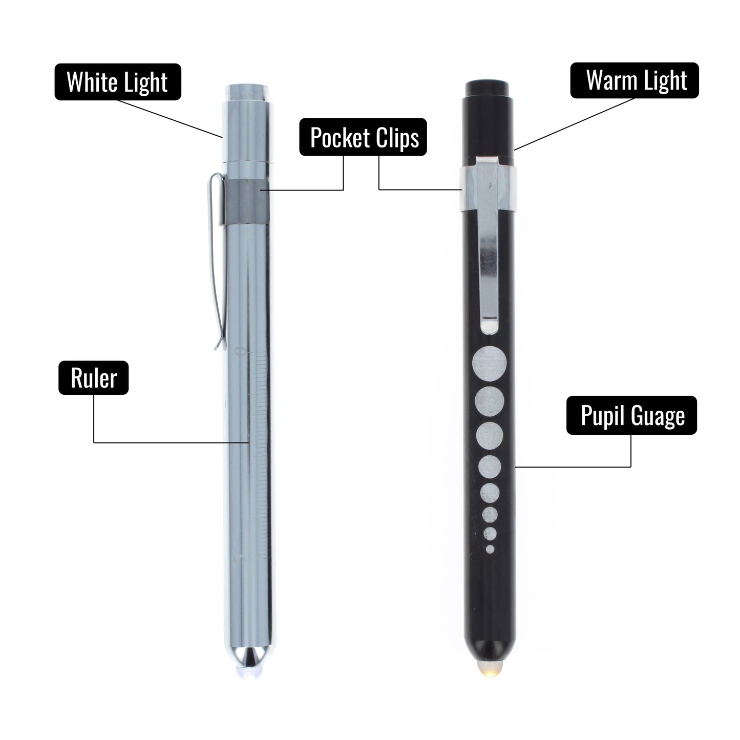 Silver and black EMT diagnostic pen lights labeled with pupil gauge, ruler, and light type.