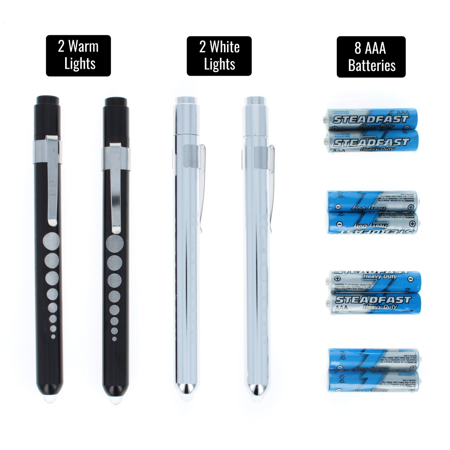 Set of four EMT diagnostic pen lights with eight AAA batteries included.