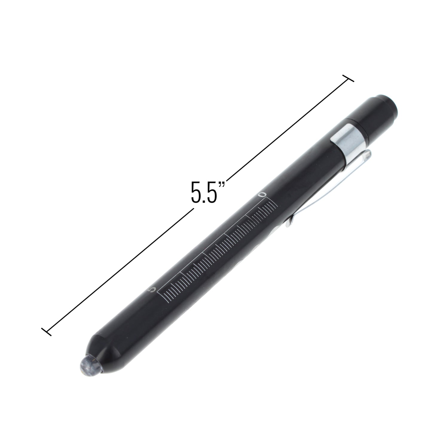 Black EMT diagnostic pen light with measurement showing 5.5-inch length.