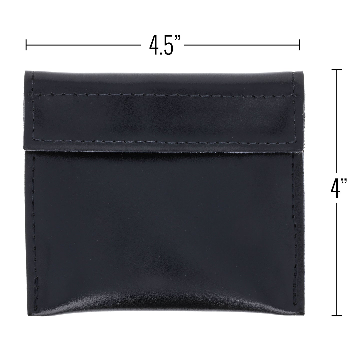 Front view of black leather glove holder with measurements showing 4.5 by 4 inches.