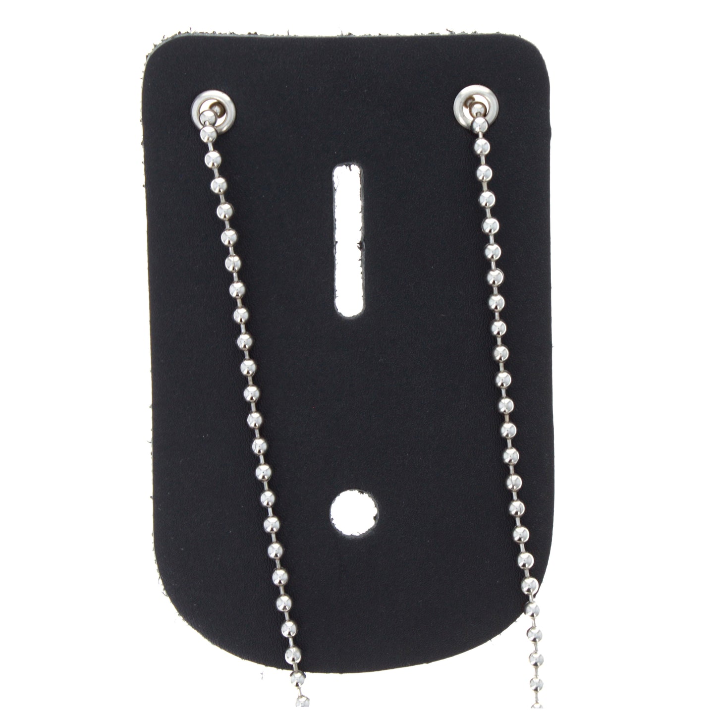 Black leather universal police badge holder with beaded neck chain.