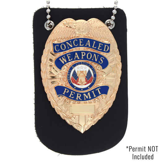 Police badge displayed in black leather neck chain badge holder.