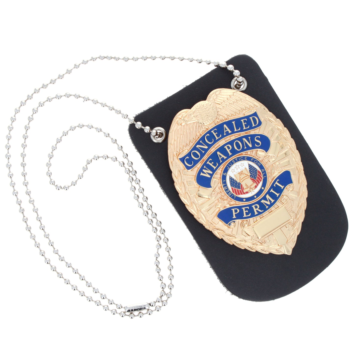 Black leather badge holder with police badge and attached beaded neck chain.