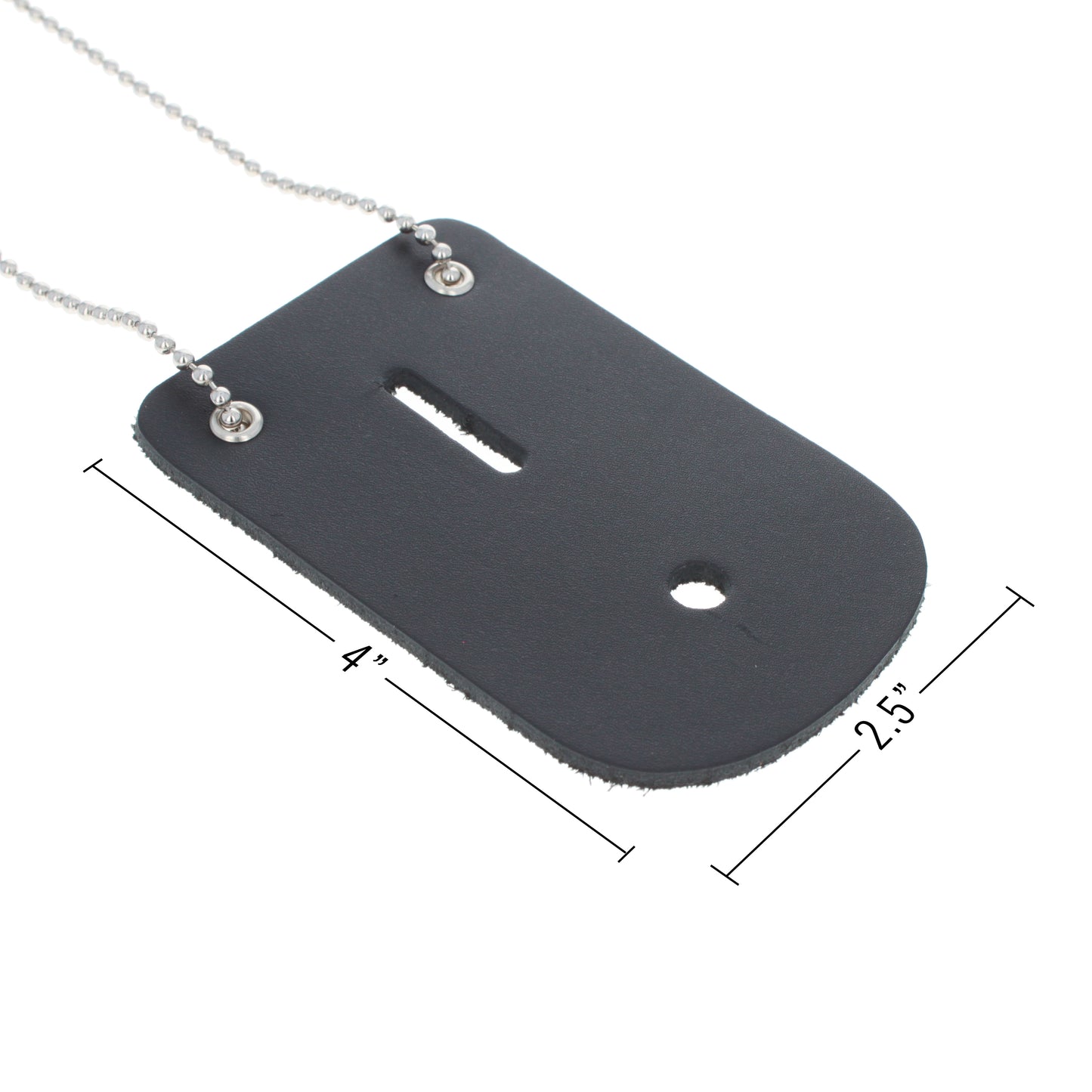 Black leather badge holder with measurement showing 4-inch length.