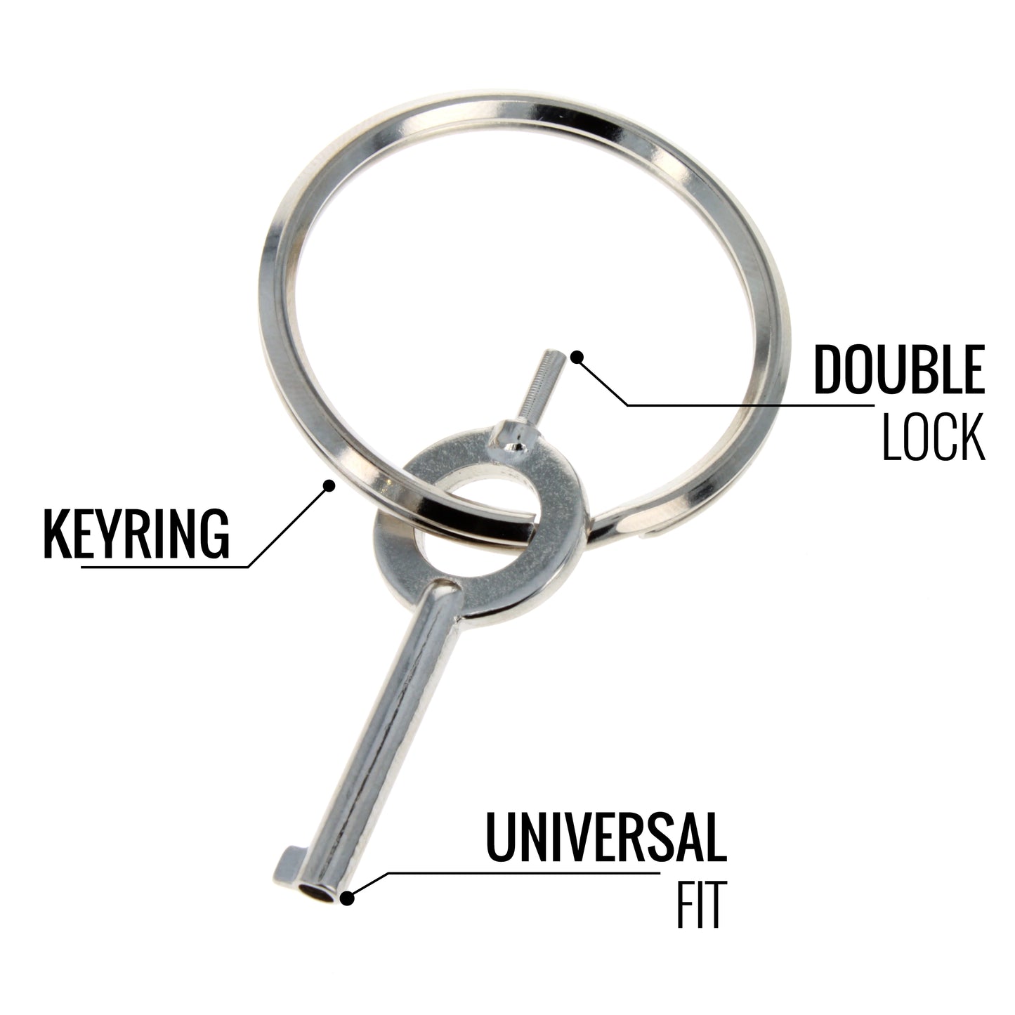 Diagram showing universal handcuff key features including keyring and double lock pin.