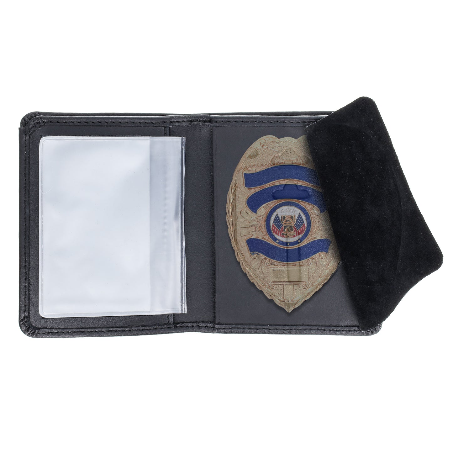 Open ASR Federal bifold leather police badge holder wallet with clear ID slot and suede concealment flap