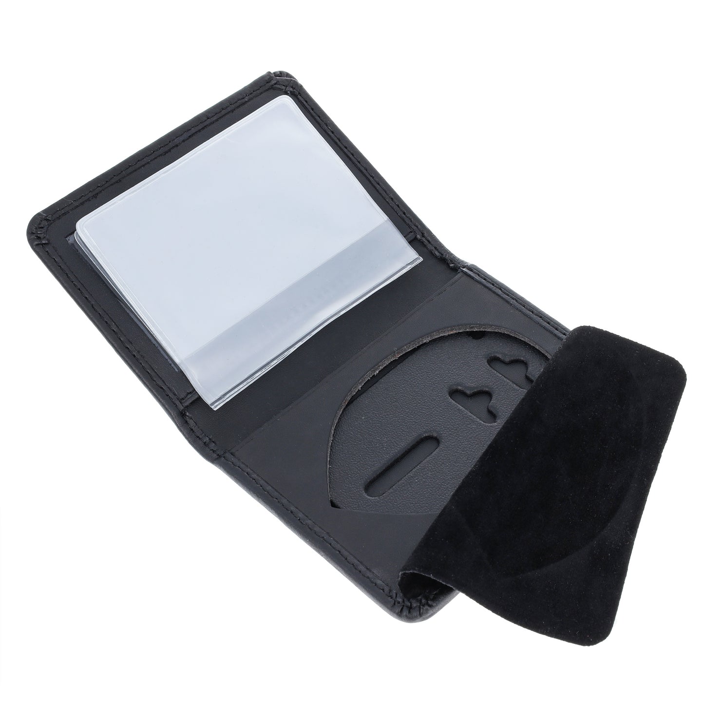 Partially open ASR Federal bifold badge holder wallet showing clear ID window and badge compartment