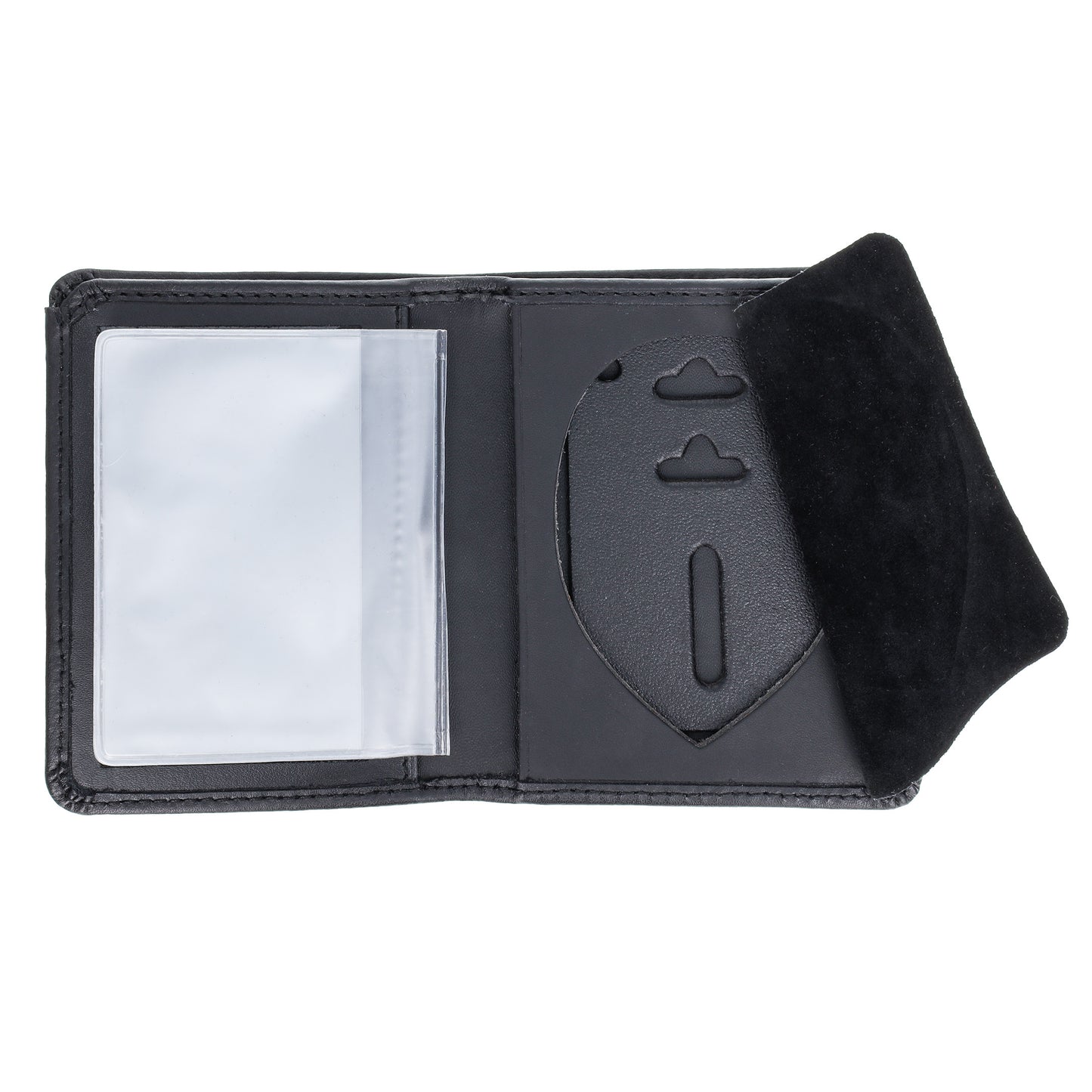 Open ASR Federal badge holder wallet with clear credit card ID slot and suede flap covering badge area
