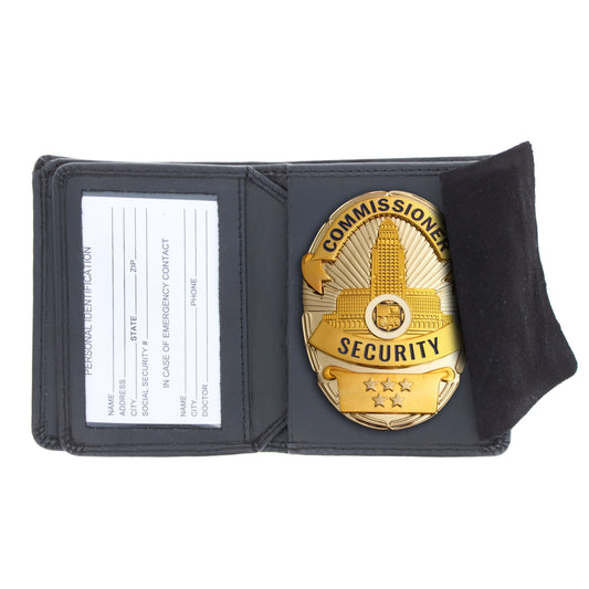 Open ASR Federal leather badge holder wallet with gold round badge and suede concealment flap