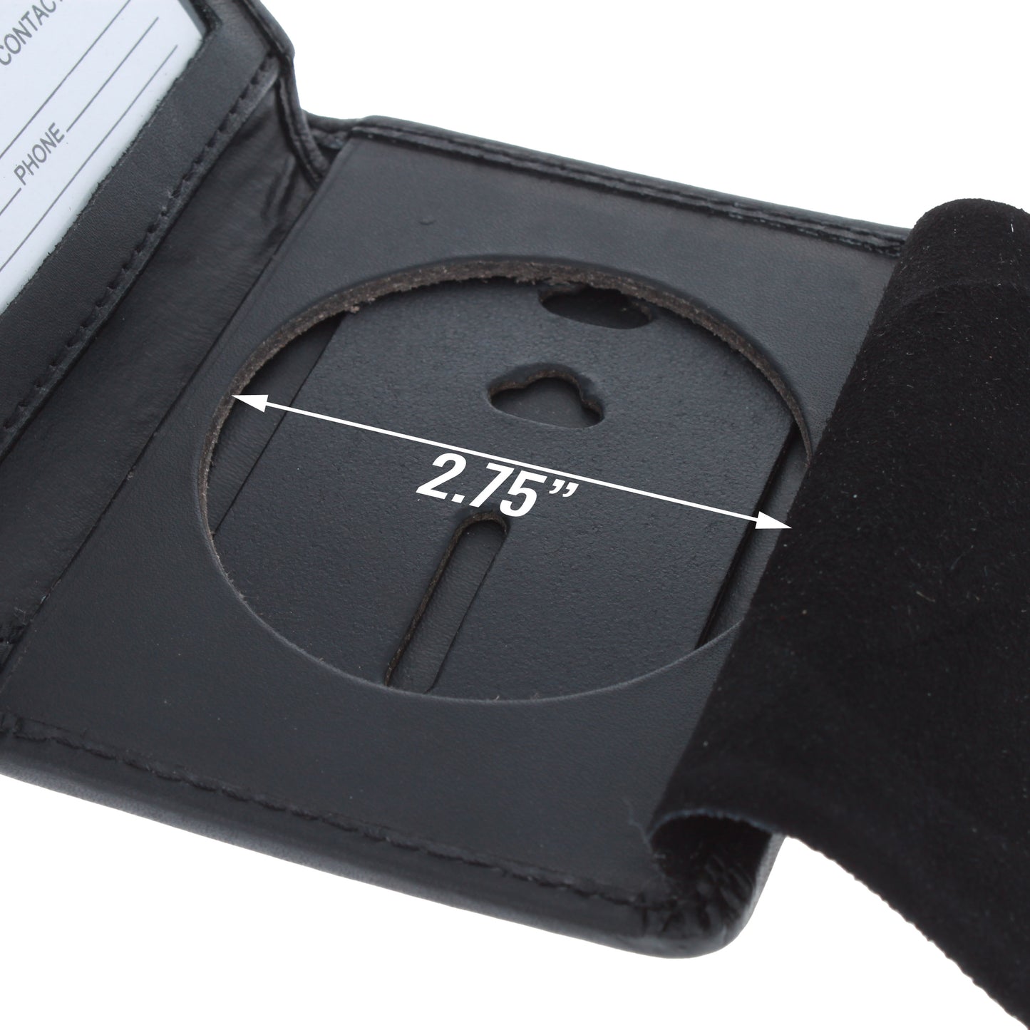 Close-up of recessed oval badge cut-out with 2.75-inch measurement inside ASR Federal RFID leather badge wallet