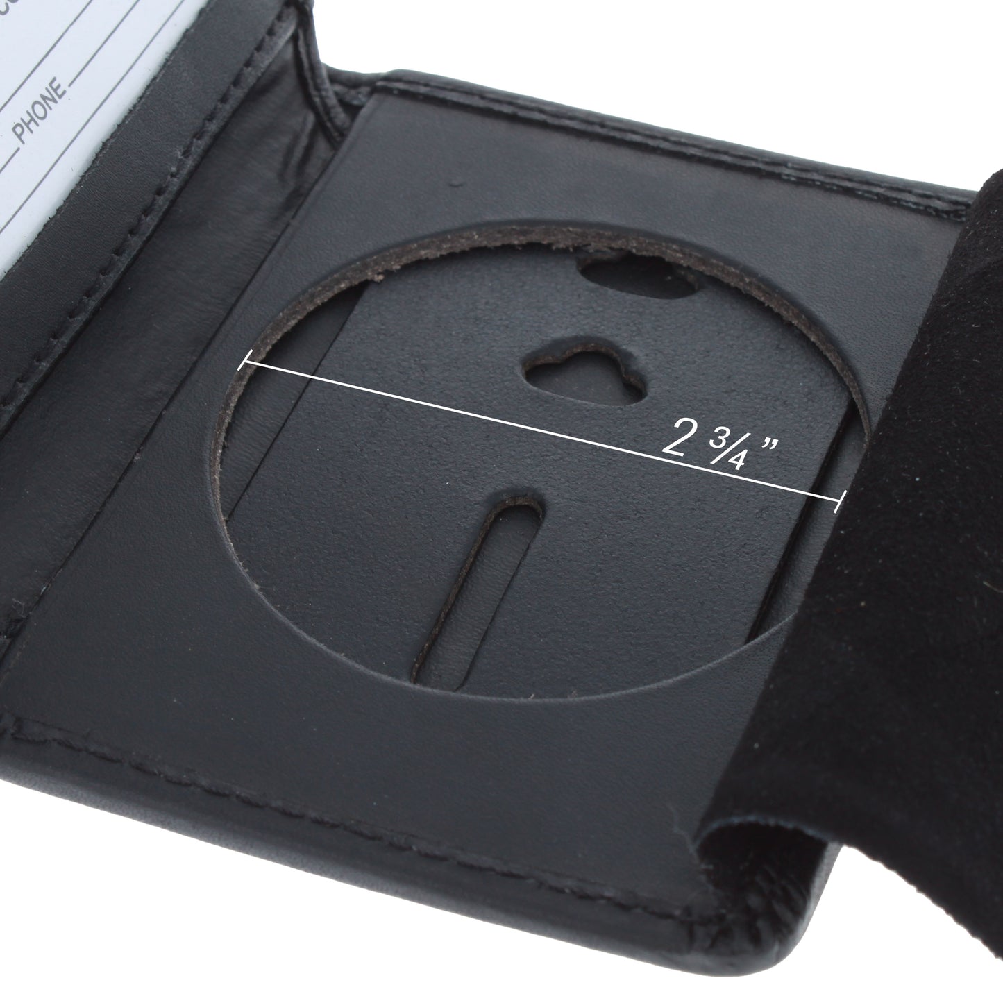 Close-up of recessed round badge cut-out with clip-back pin in ASR Federal leather badge wallet