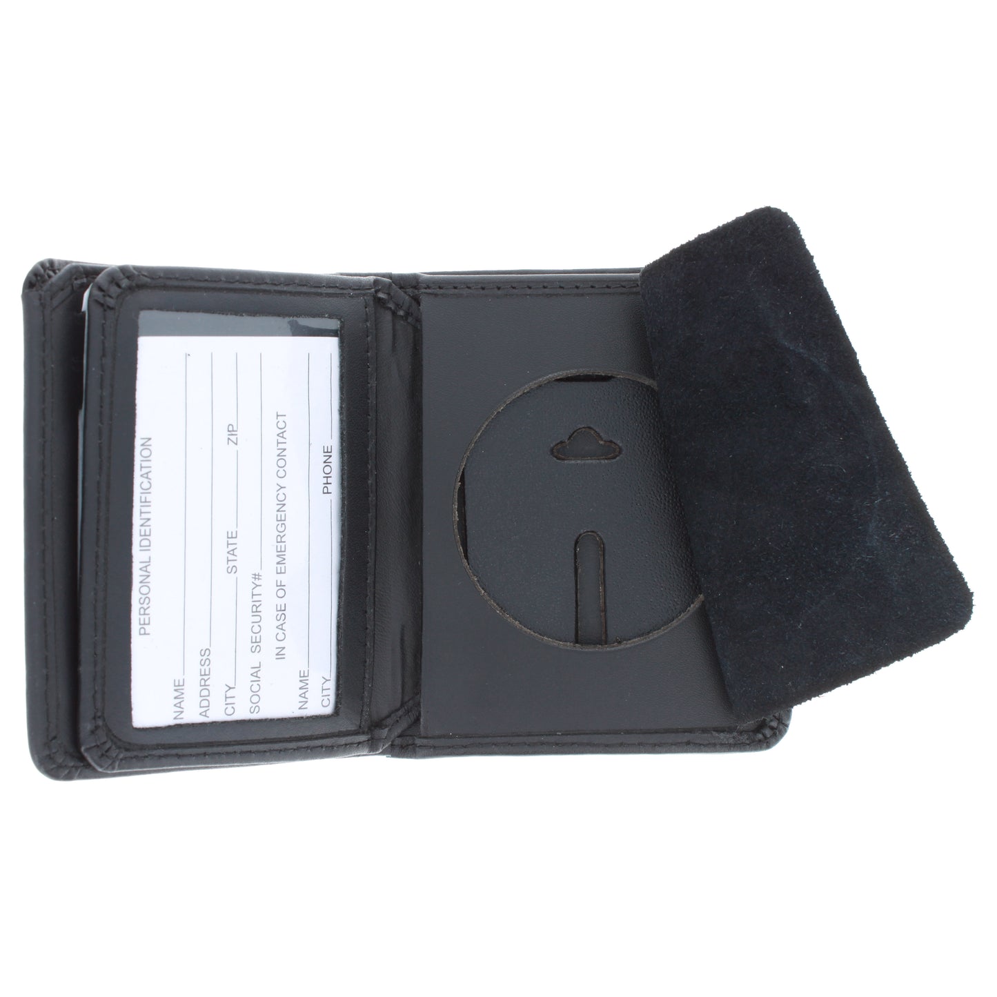 Open ASR Federal RFID leather badge wallet with clear ID window and suede badge concealment flap