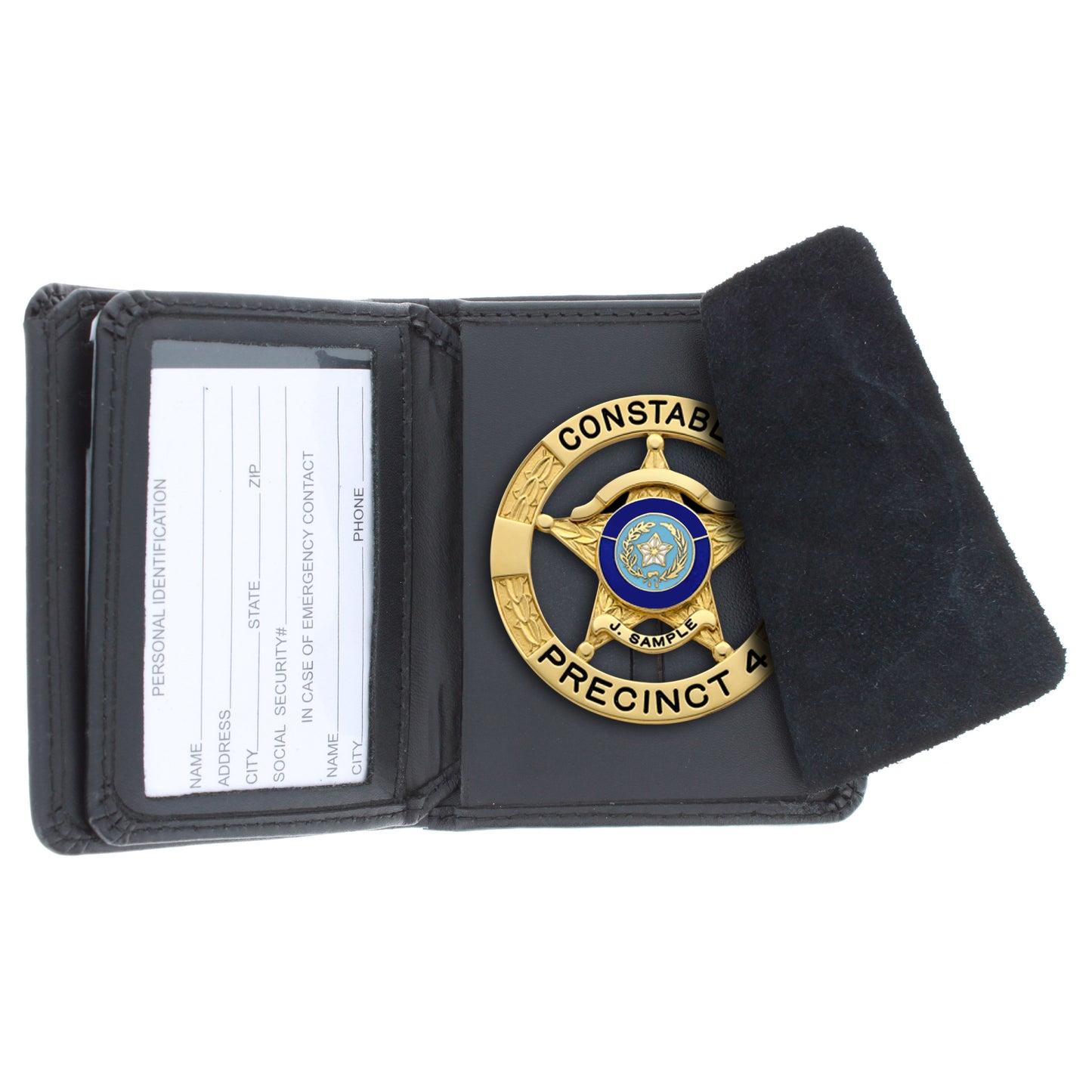Open ASR Federal black leather police bifold wallet badge holder with clear ID slot and suede flap