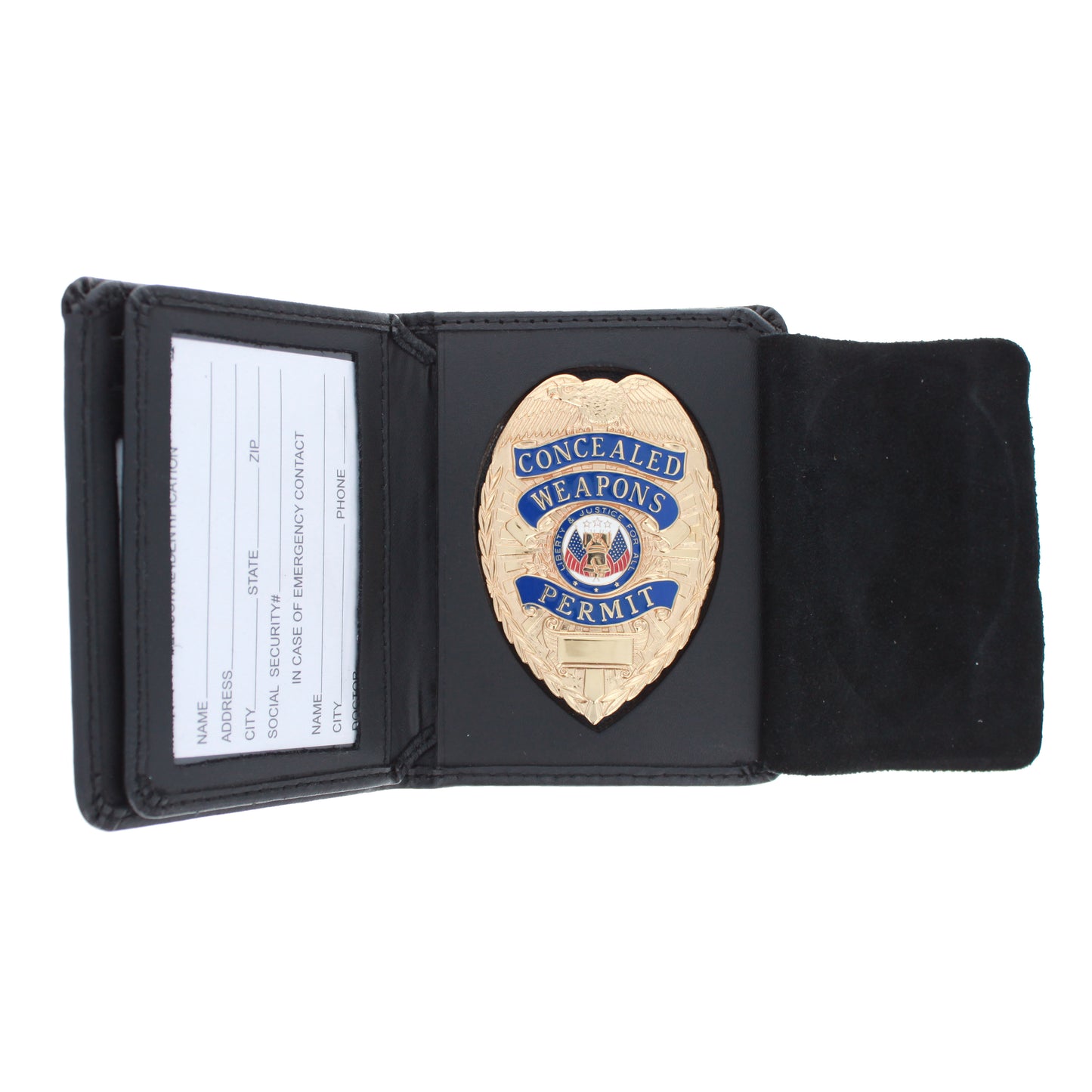 Open ASR Federal badge wallet displaying silver shield badge and removable ID holder