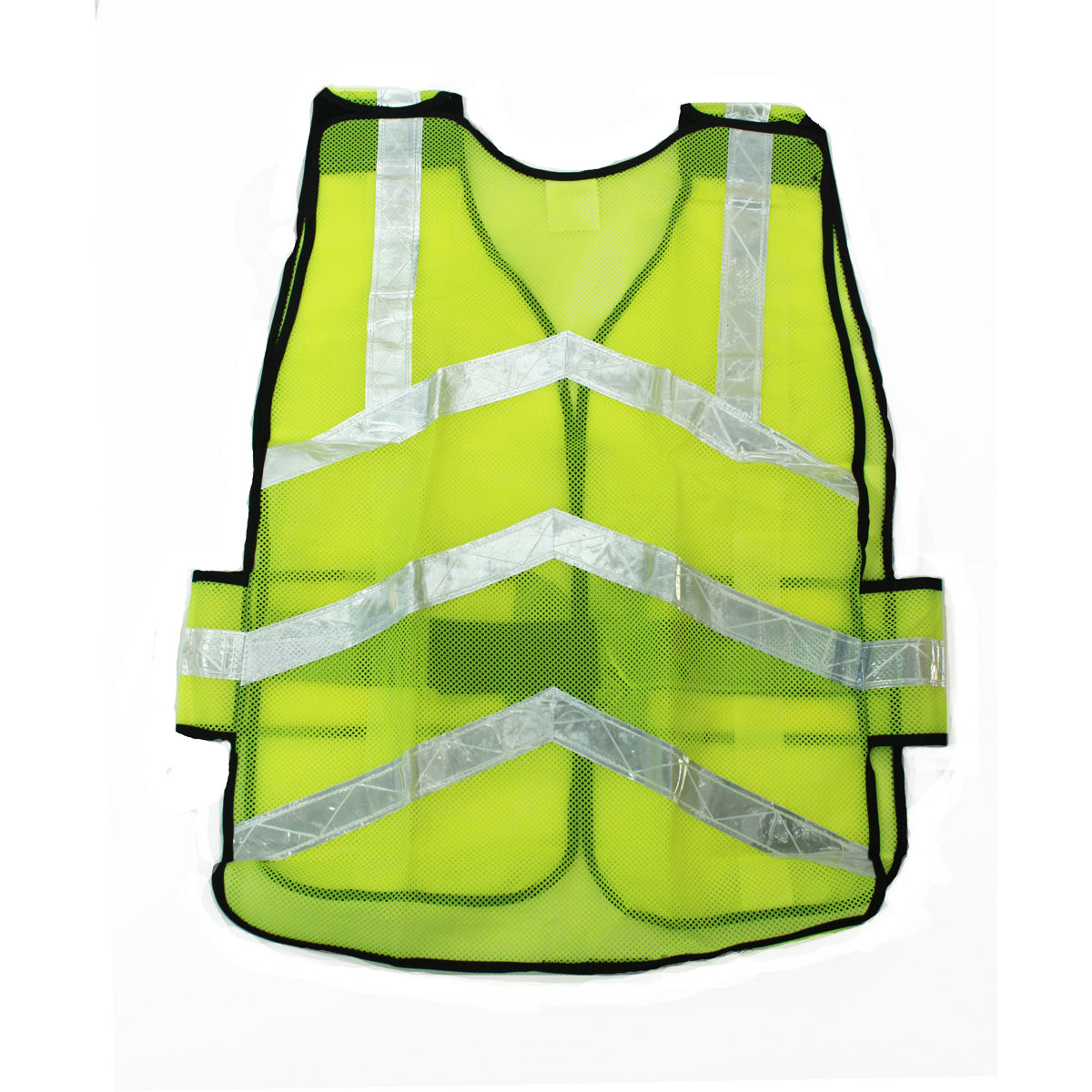 Back view of lime green safety vest with horizontal and vertical reflective strips.