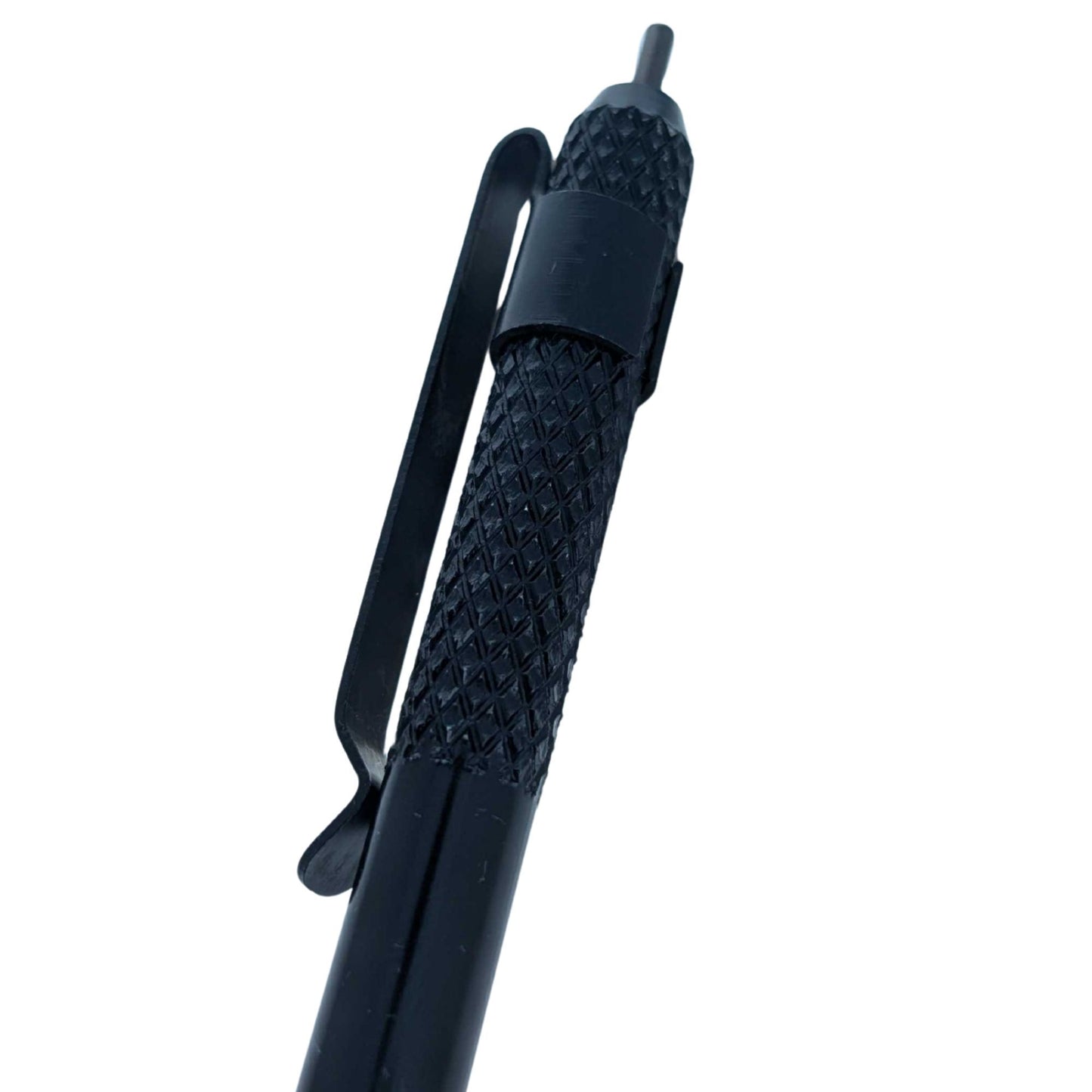 Black universal handcuff key standing upright with pocket clip visible.