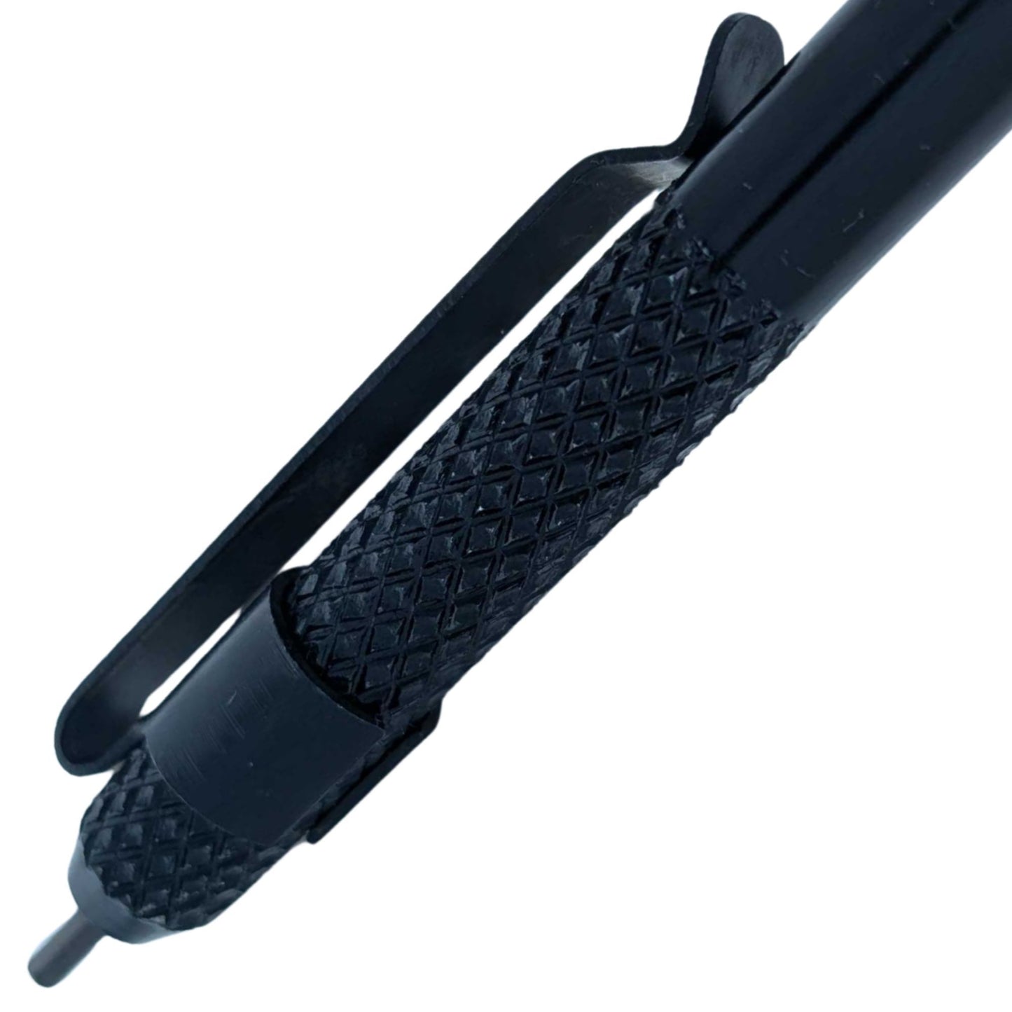 Close-up of textured grip and pocket clip on black universal handcuff key.