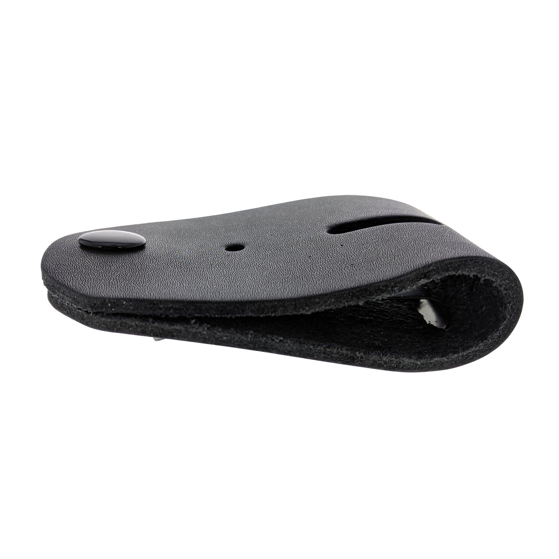 Side view of folded black leather badge belt clip holder.