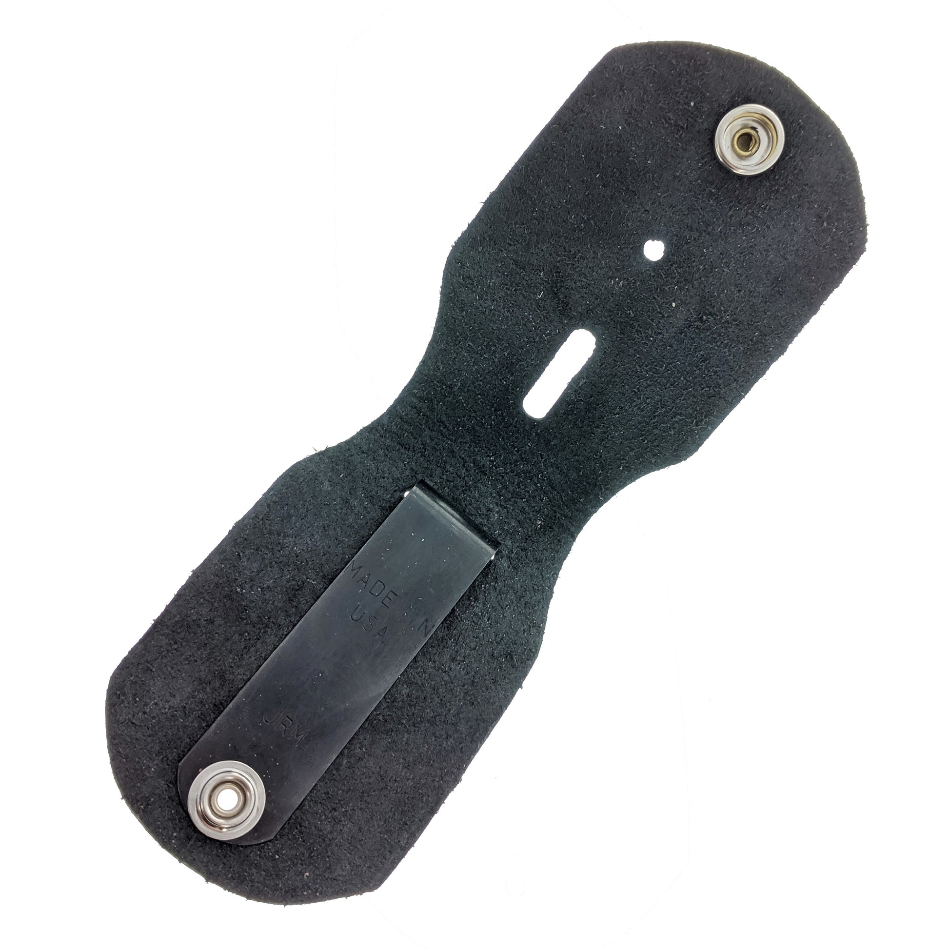 Interior view of black leather badge holder with stainless steel snap and clip attachment.