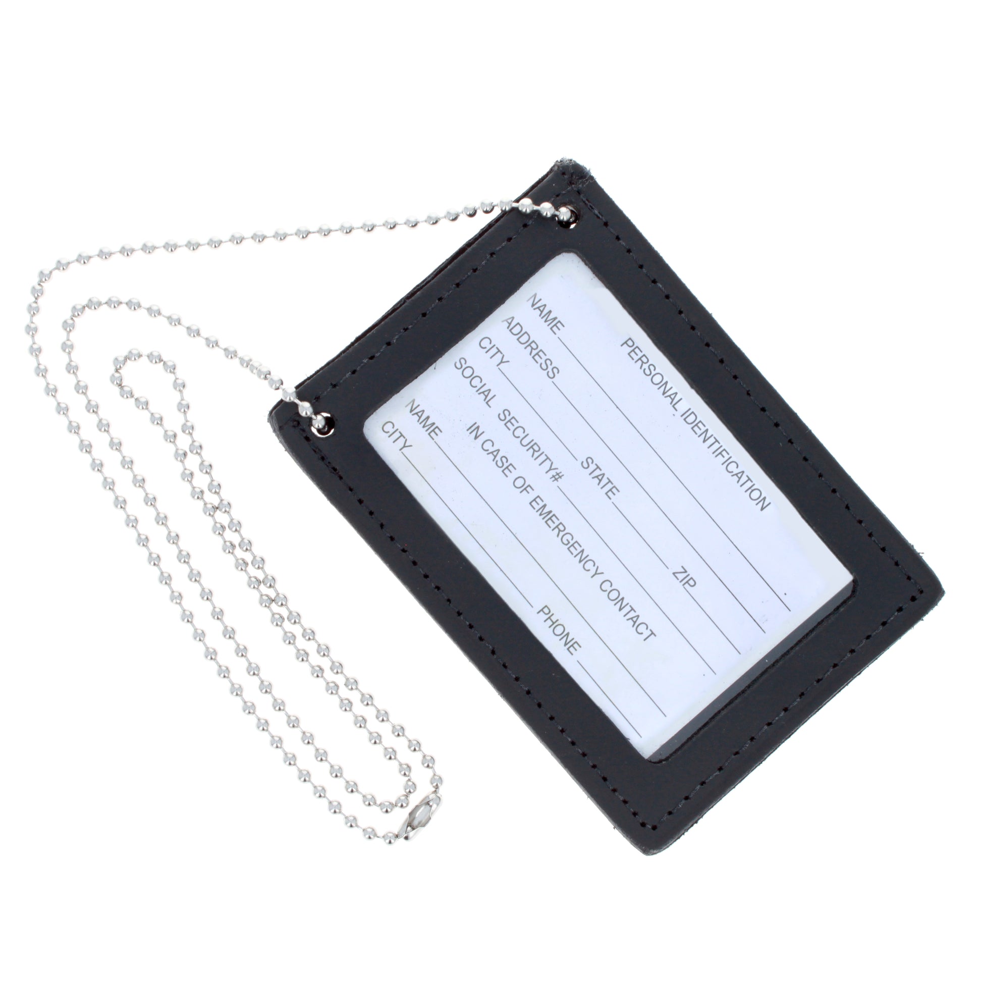 Black leather ID holder with clear window and neck chain attached.