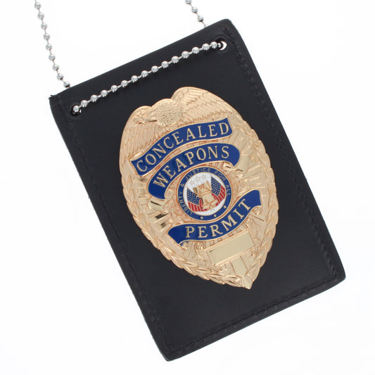 2 in 1 Leather ID Badge Holder with Lanyard Neck Chain Police Gear, Black