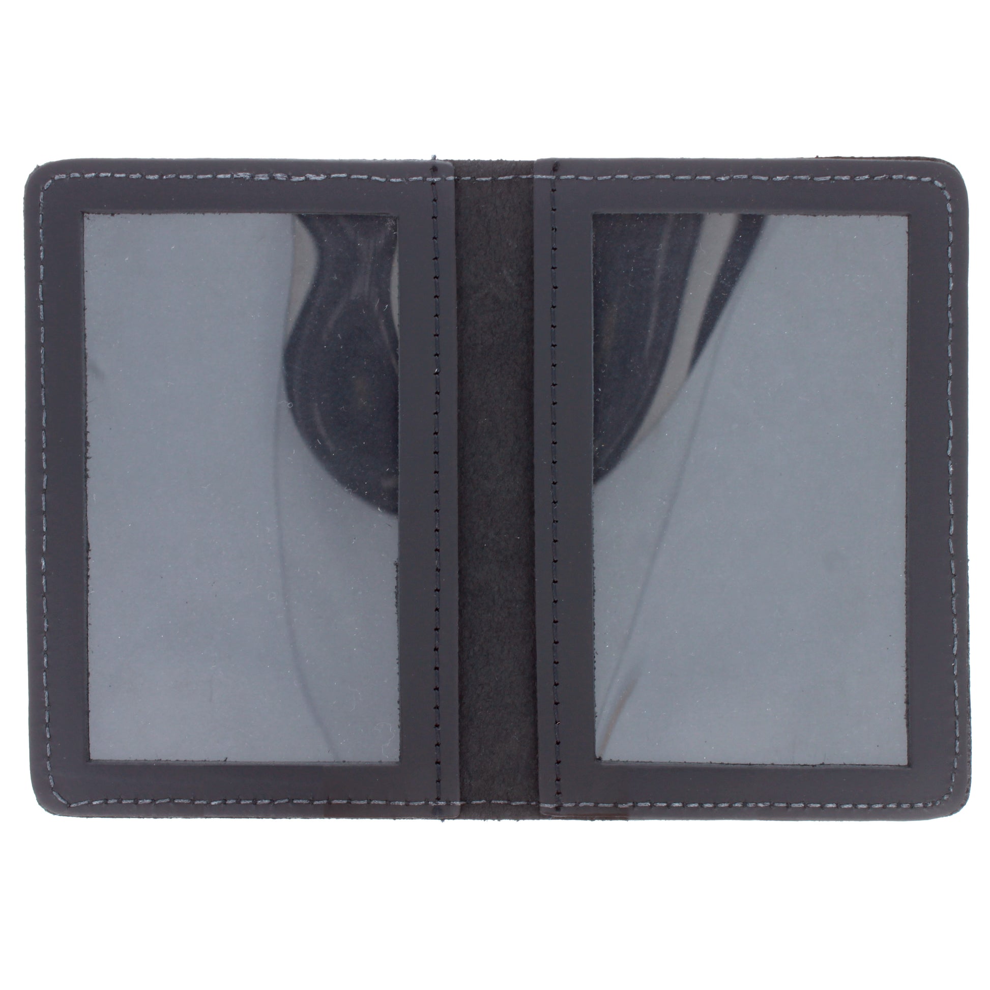 Interior view of black leather bi-fold wallet showing two clear ID windows.