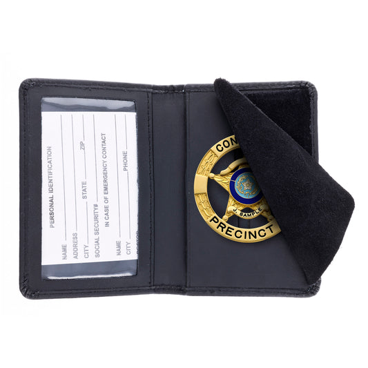 Open ASR Federal genuine leather police badge holder wallet showing clear vinyl ID slot and recessed badge cut-out