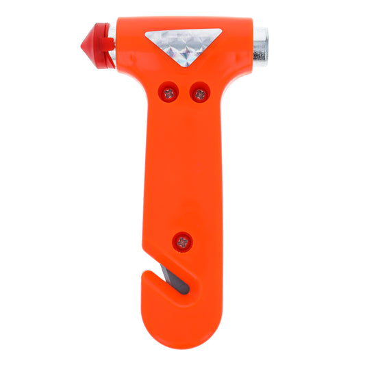 Bright orange roadside emergency escape car hammer with seat belt cutter and window breaker.