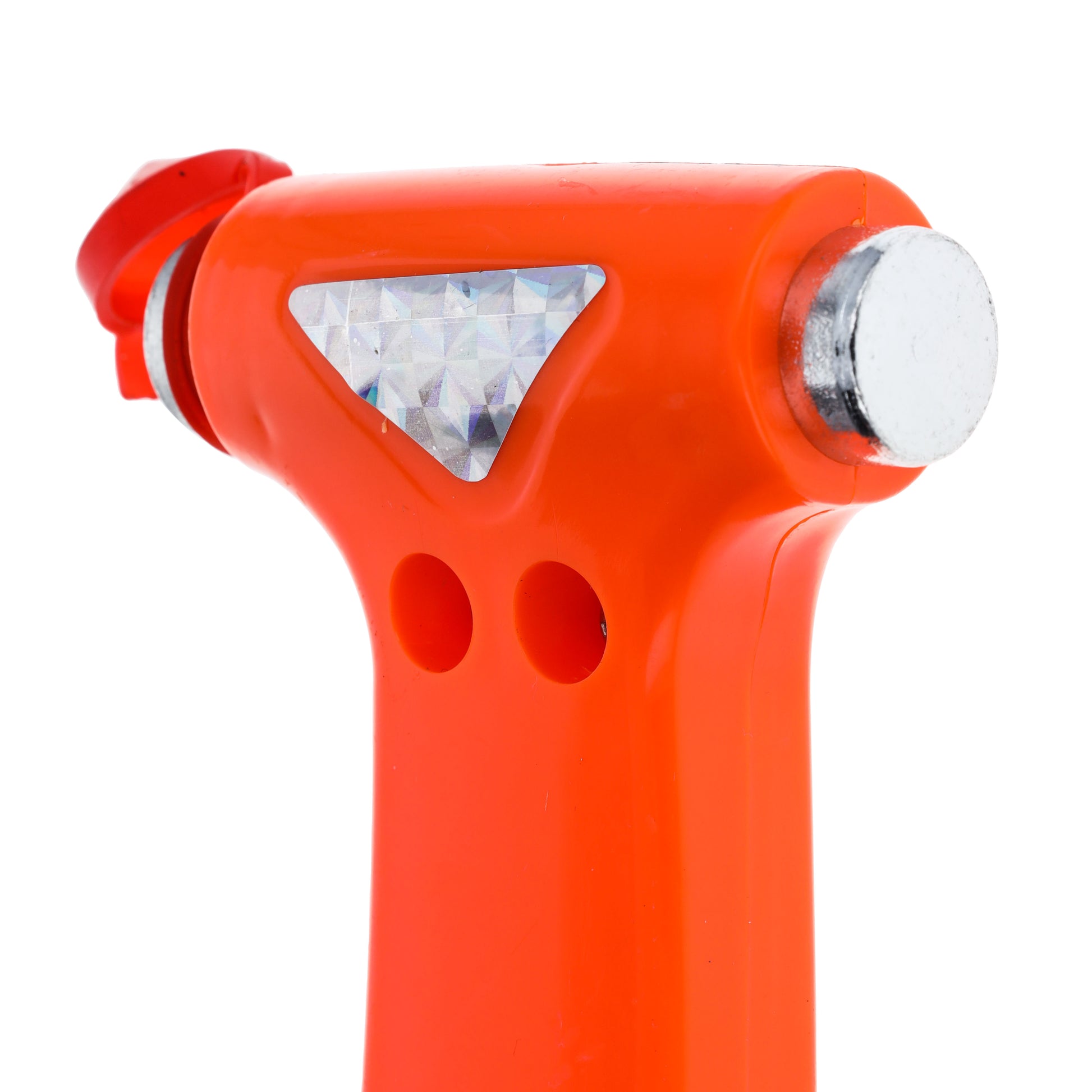 Close-up of steel window breaker tip on orange emergency escape hammer.