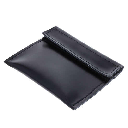 Black leather disposable glove holder pouch with hook and loop closure.