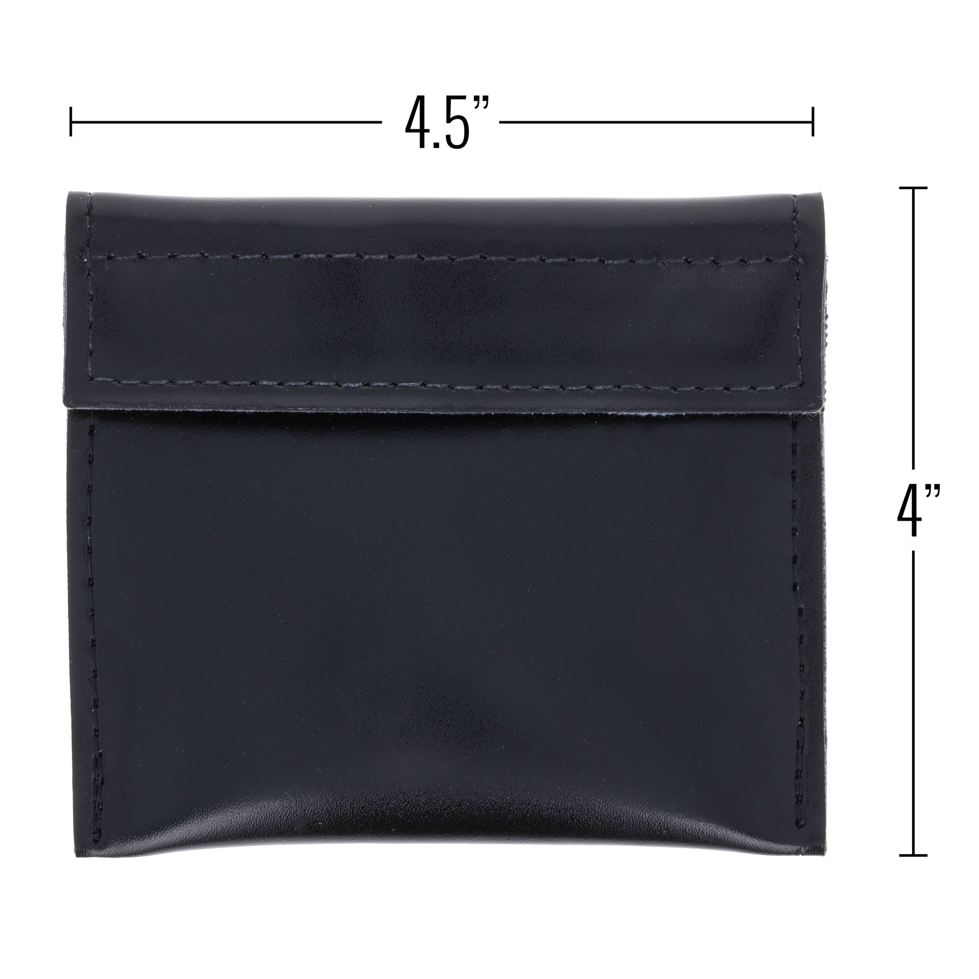 Front view of black leather glove holder with measurements showing 4.5 by 4 inches.