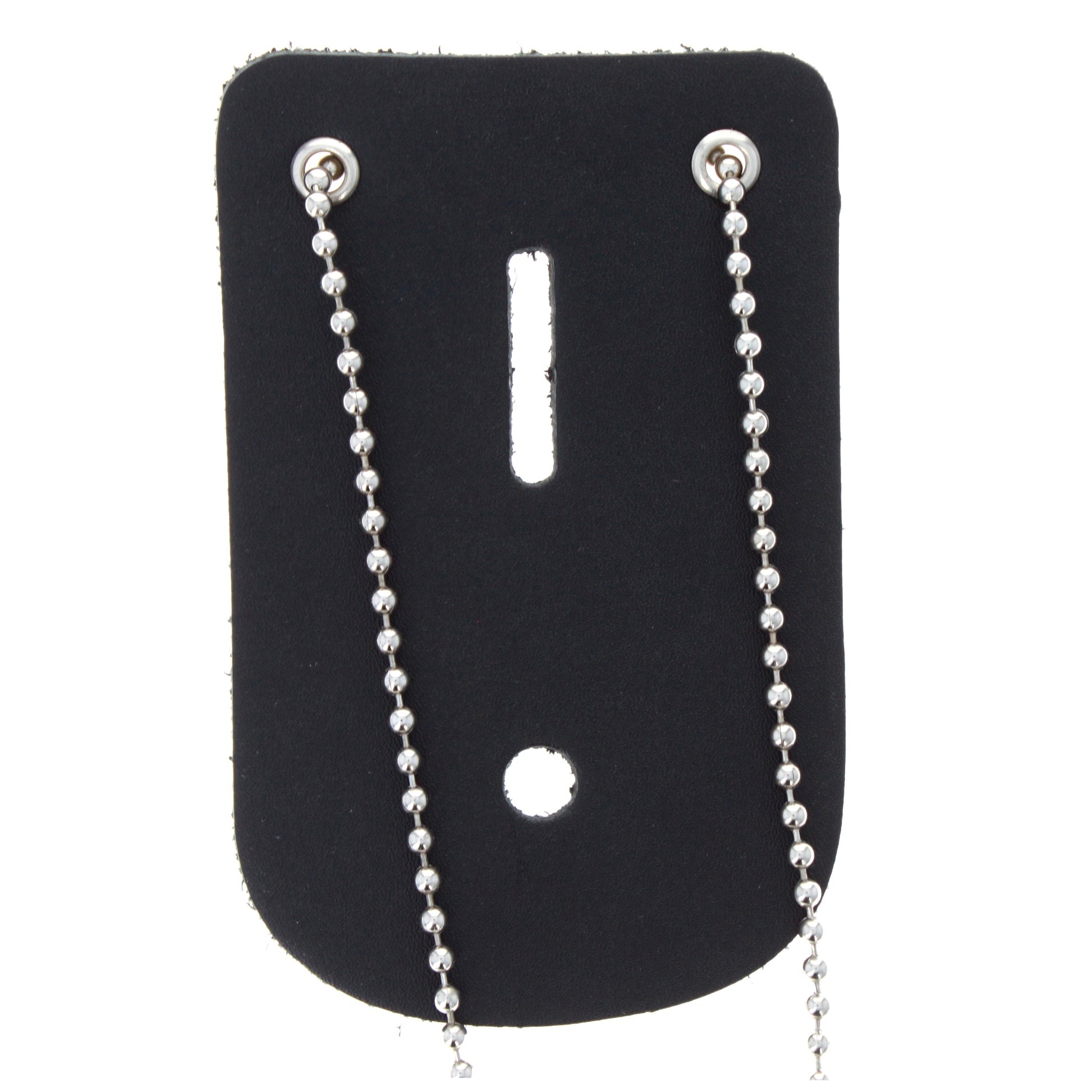 Black leather universal police badge holder with beaded neck chain.